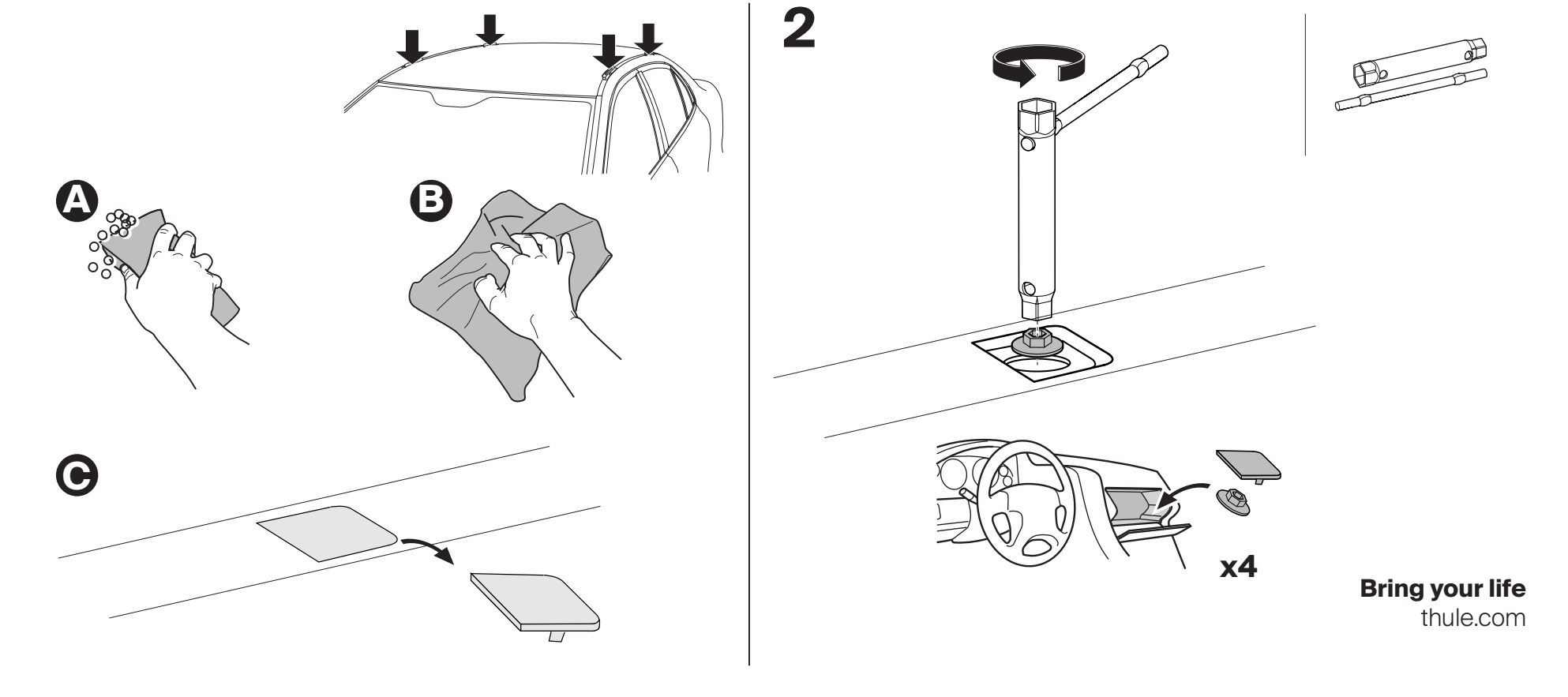 Schemat odsłonięcia fabrycznych punktów montażowych pod osłonami relingów – Thule Kit 187215