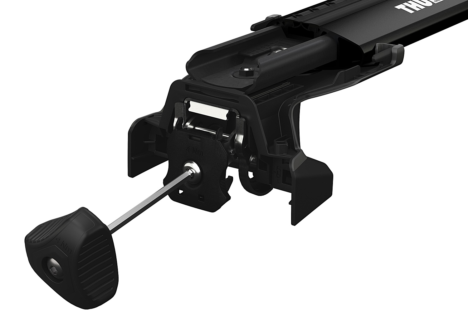 Montaż stopy Thule Edge Fixpoint 7207 z czarną belką WingBar Edge i kluczem z ogranicznikiem