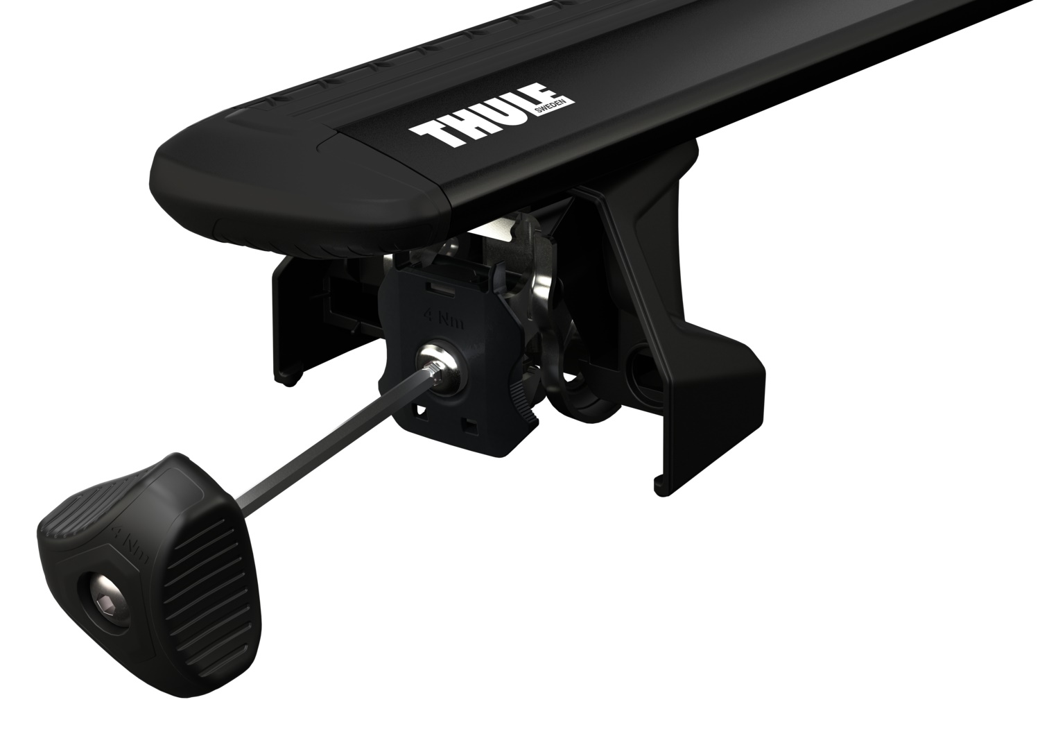 Montaż stopy Thule Evo Fixpoint 7107 z czarną belką WingBar Evo i kluczem z ogranicznikiem siły