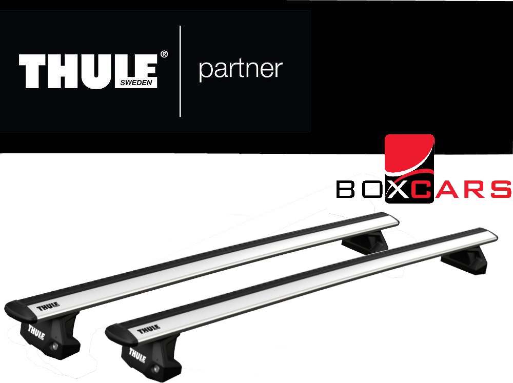 Srebrny bagażnik dachowy Thule WingBar Evo ze stopami Evo Fixpoint – zestaw oferowany do KGM Torres