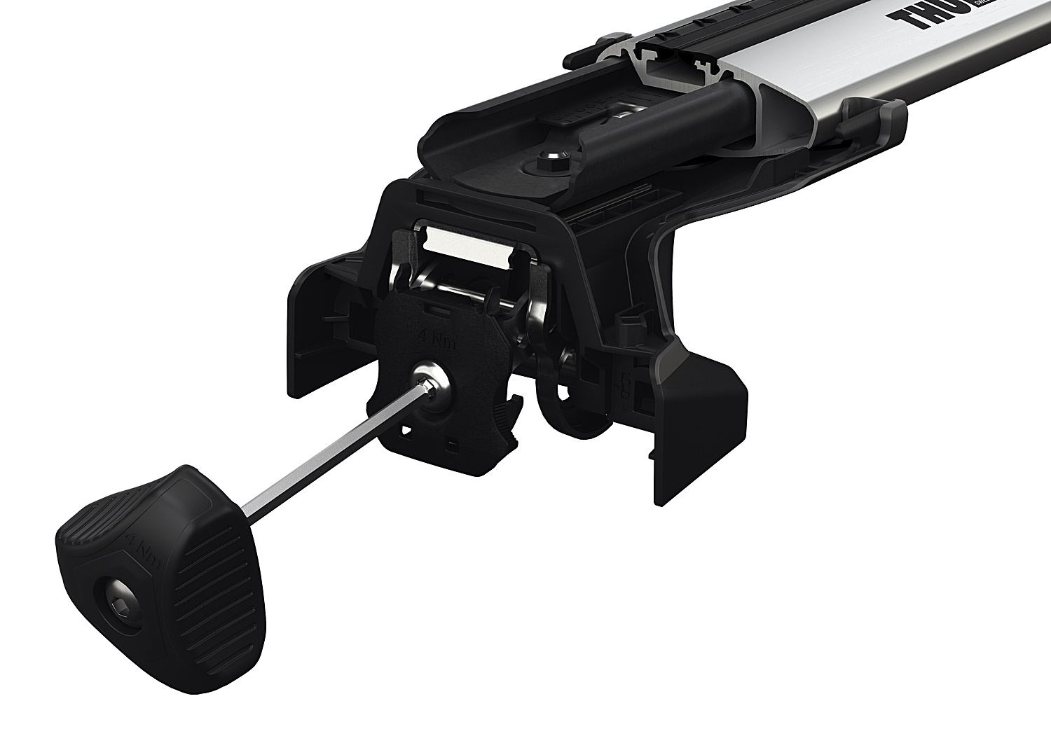 Stopa Thule Edge Fixpoint 7207 połączona ze srebrną belką WingBar Edge – szczegół mocowania