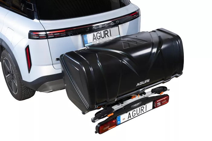 Komplet Aguri – Box 380 l na hak + Platforma Active Bike Pro 2 Silver (2 rowery)