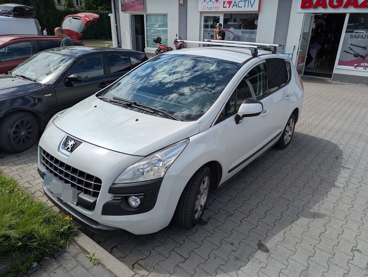 Biały Peugeot 3008 z aluminiowymi belkami Mont Blanc przed sklepem Boxcars w Łodzi
