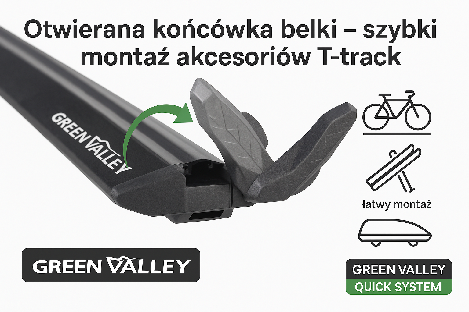 Otwierana końcówka belki Green Valley Vento Black ułatwiająca dostęp do rowka T