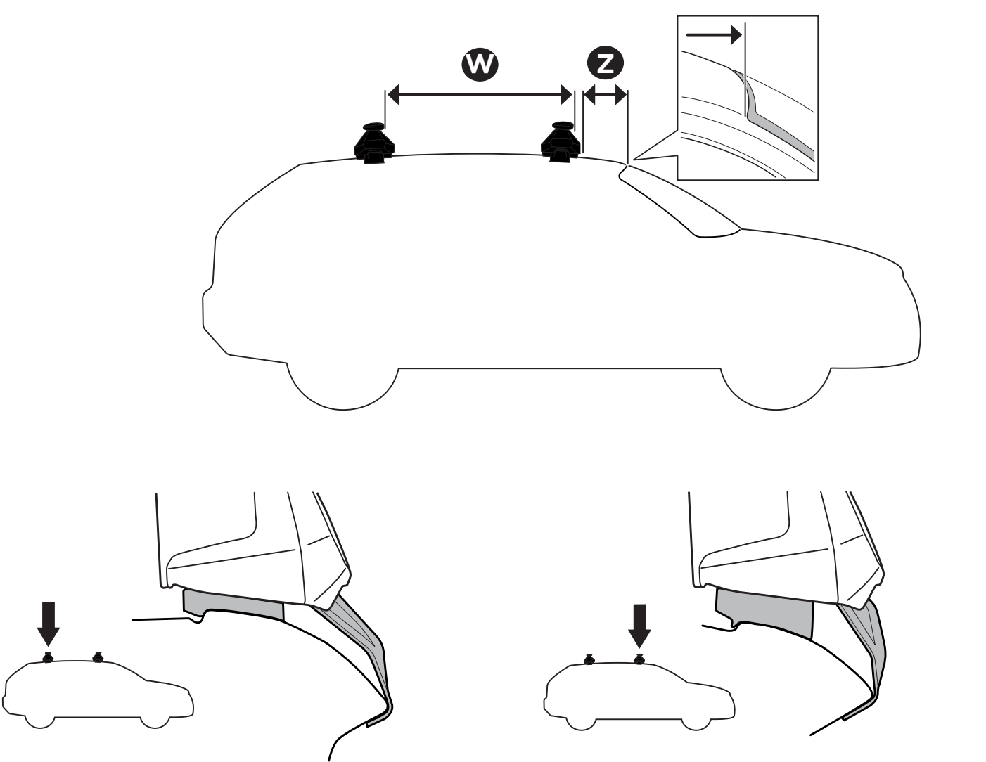 Schemat mocowania bagażnika Thule za krawędź dachu Kii EV4 Fastback z kitem 145446
