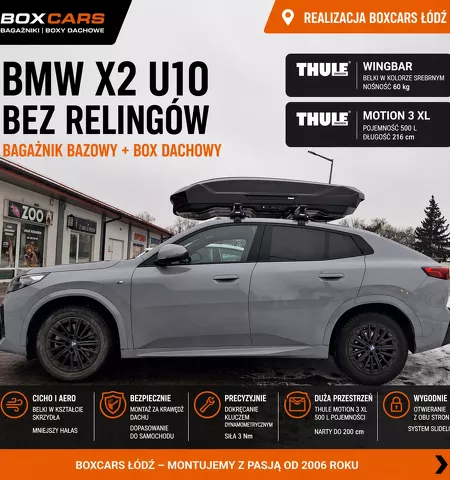 Montujemy Box dachowy Thule Motion 3 XL do samochodu BMW X2 U10 oraz bagażnik dachowy Thule WIngabr