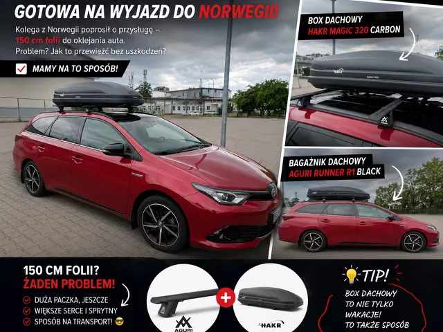 Montujemy Box dachowy Hakr Magic 320 do samochodu Toyota Auris Kombi z relingami i bagażnik Aguri Runner R1 c/d