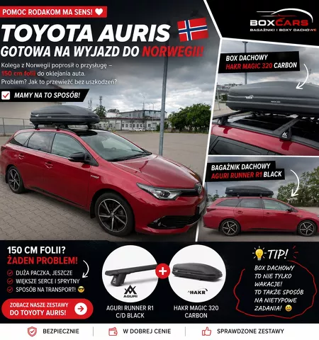 Montujemy Box dachowy Hakr Magic 320 do samochodu Toyota Auris Kombi z relingami i bagażnik Aguri Runner R1 c/d