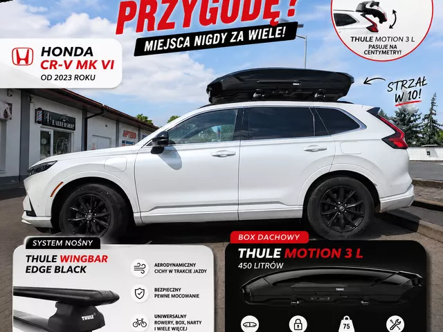 Montujemy Box dachowy Thule Motion 3 L do samochodu Honda CR-V z relingami i bagażnik Thule Wingbar Evo Black