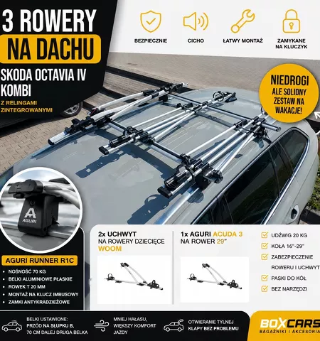Montujemy bagażnik bazowy Aguri Runner do samochodu Skoda Octavia IV oraz bagażniki na rower Aguri Acuda
