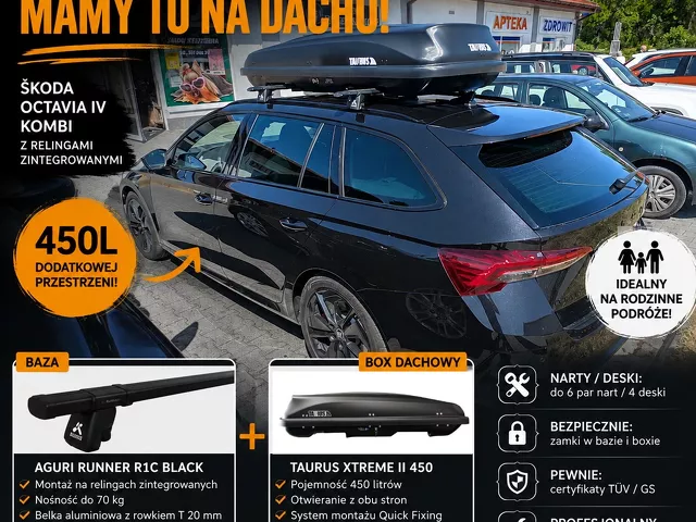 Montujemy Box dachowy Taurus Xtreme 450 do samochodu Skoda Octavia IV kombi z relingami i bagażnik Aguri Runner black