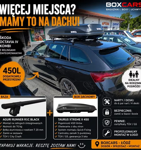 Montujemy Box dachowy Taurus Xtreme 450 do samochodu Skoda Octavia IV kombi z relingami i bagażnik Aguri Runner black