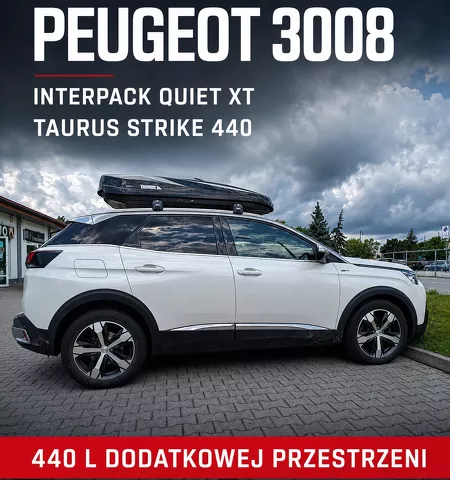 Montujemy Box dachowy Taurus Strike 440 do samochodu Peugeot 3008 z relingami i bagażnik Interpack Quiet