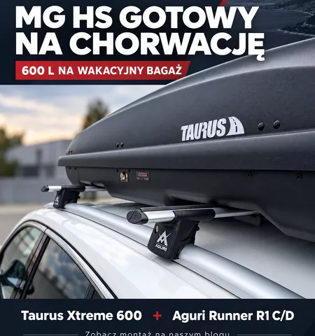 Montujemy Box dachowy Taurus Xtreme 600 do samochodu MG HS z relingami i bagażnik Aguri Runner R1 C/D