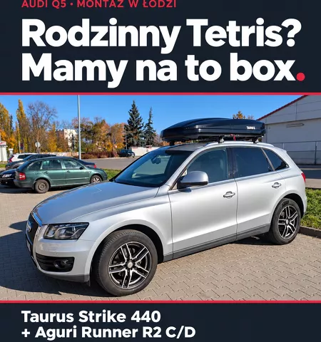 Montujemy Box dachowy Taurus Strike 440 do samochodu Audi Q3 z relingami i bagażnik Aguri Runner R2 C/D