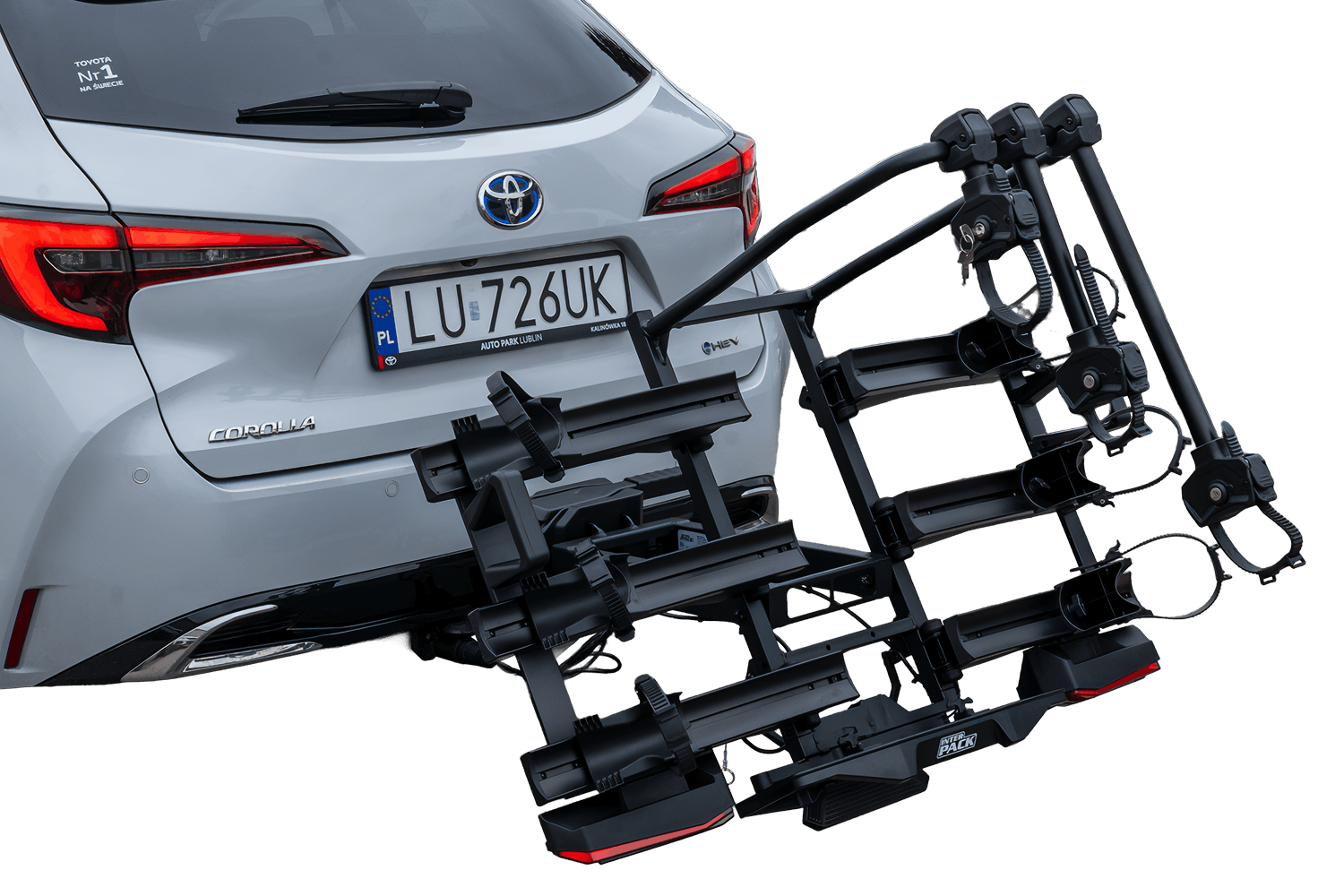 Inter Pack Velox 3 LED funkcja uchylania bagażnika rowerowego na hak na 3 rowery